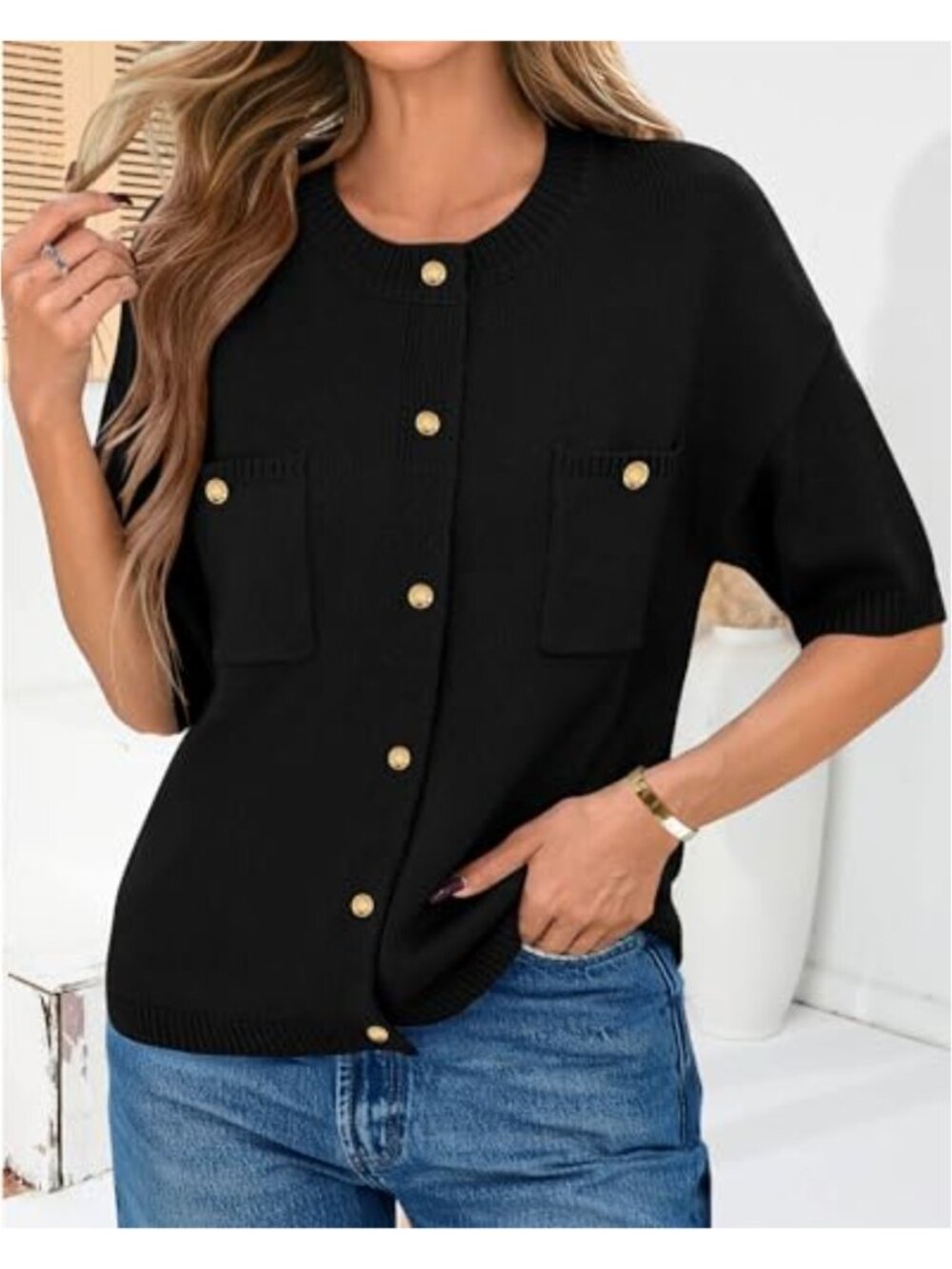 Women Short Sleeve Button Up Cardigan Loose Fit Knit Summer Sweater - Picture 2 of 6